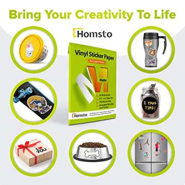 Homsto Vinyl Sticker Paper, Matte Printable Vinyl Sticker Paper for Laser Printer, Quick-Drying, Water and Scratch-Resistant, Self-Adhesive for Most Surfaces, 8.5 x 11 Inches