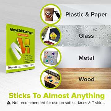 Homsto Vinyl Sticker Paper, Matte Printable Vinyl Sticker Paper for Laser Printer, Quick-Drying, Water and Scratch-Resistant, Self-Adhesive for Most Surfaces, 8.5 x 11 Inches