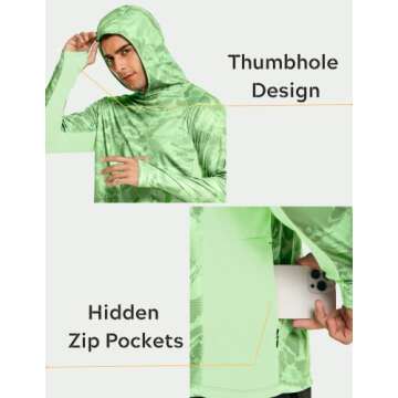 COOrun Men's UPF 50 Sun Protection Hoodies with Mask Built in Hooded Fishing Shirts for Men Long Sleeve Camo Hiking Shirts