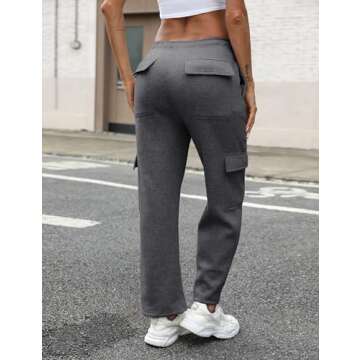 QIBABU Womens Fleece Cargo Sweatpants Casual Baggy Wide Leg Jogger Pants Athletic Open Bottom with P...