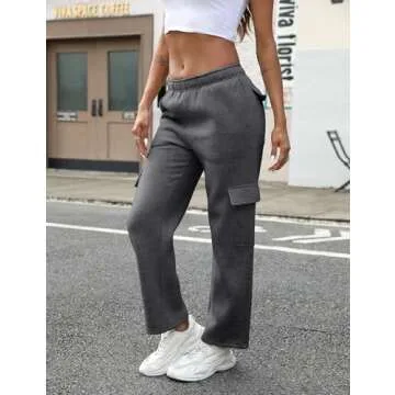 QIBABU Womens Fleece Cargo Sweatpants Casual Baggy Wide Leg Jogger Pants Athletic Open Bottom with Pockets(1777-DarkGrey-S-QB)