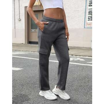 QIBABU Womens Fleece Cargo Sweatpants Casual Baggy Wide Leg Jogger Pants Athletic Open Bottom with Pockets(1777-DarkGrey-S-QB)