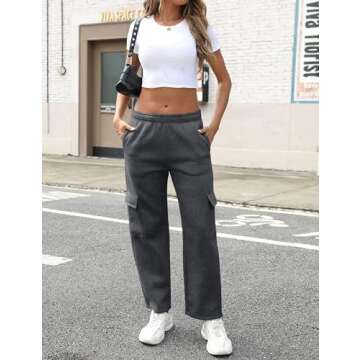 QIBABU Womens Fleece Cargo Sweatpants Casual Baggy Wide Leg Jogger Pants Athletic Open Bottom with Pockets(1777-DarkGrey-S-QB)