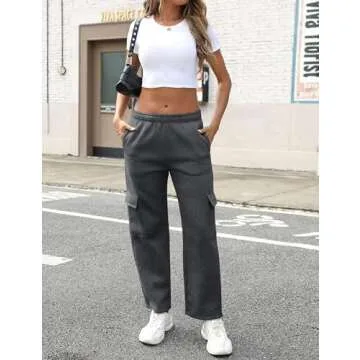 QIBABU Womens Fleece Cargo Sweatpants Casual Baggy Wide Leg Jogger Pants Athletic Open Bottom with Pockets(1777-DarkGrey-S-QB)