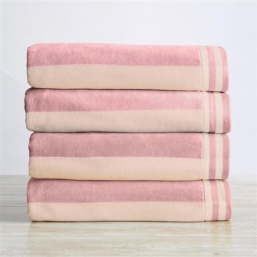 Great Bay Home 100% Cotton Velour 4 Pack Beach Towels - Pink Cabana Stripe Pool Towels - Quick Dry, ...
