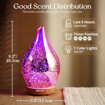 Porseme Essential Oil Diffuser 3D Firework Glass Aromatherapy Ultrasonic Humidifier Rose Gold, Auto Shut-Off, Timer Setting, BPA Free, Aroma Decoration for Home, Office, Gym, Spa, Premium Gift 150ml