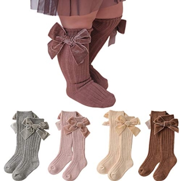 Adorable 4-Pack Baby Girls Knee High Socks with Velour Bows