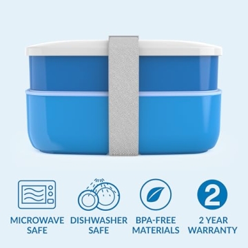 Bentgo Classic - Adult Bento Box, All-in-One Stackable Lunch Box Container with 3 Compartments, Plastic Utensils, and Nylon Sealing Strap, BPA Free Food Container (Blue)