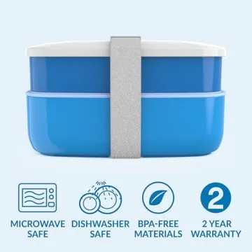 Bentgo Classic - Adult Bento Box, All-in-One Stackable Lunch Box Container with 3 Compartments, Plastic Utensils, and Nylon Sealing Strap, BPA Free Food Container (Blue)