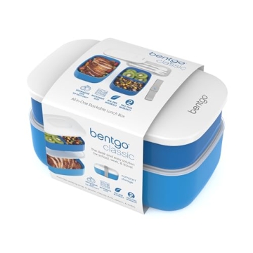 Bentgo Classic - Adult Bento Box, All-in-One Stackable Lunch Box Container with 3 Compartments, Plastic Utensils, and Nylon Sealing Strap, BPA Free Food Container (Blue)