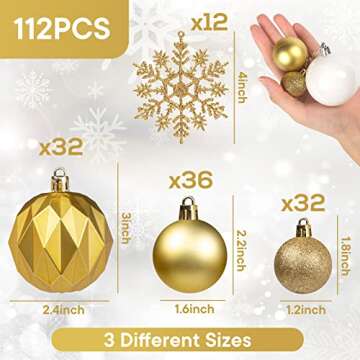 DomeStar 112PCS Christmas Tree Ball Set, Christmas Ball Ornaments Glitter Shatterproof Baubles Gold White for Xmas Tree Wreath Christmas Party Wedding
