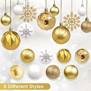 DomeStar 112PCS Christmas Tree Ball Set, Christmas Ball Ornaments Glitter Shatterproof Baubles Gold White for Xmas Tree Wreath Christmas Party Wedding