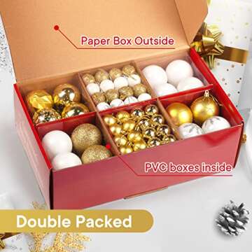 DomeStar 112PCS Christmas Tree Ball Set, Christmas Ball Ornaments Glitter Shatterproof Baubles Gold White for Xmas Tree Wreath Christmas Party Wedding