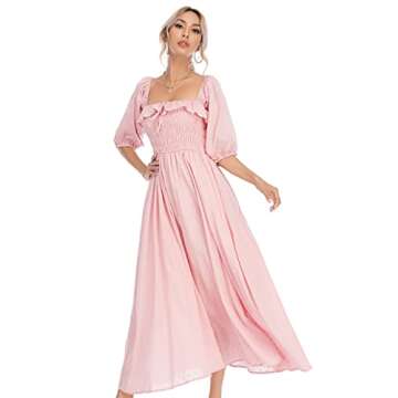 R.Vivimos Women Summer Half Sleeve Cotton Ruffled Vintage Elegant Backless A Line Flowy Long Dresses (X-Small, Pink-1)