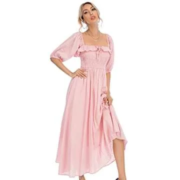 R.Vivimos Women Summer Half Sleeve Cotton Ruffled Vintage Elegant Backless A Line Flowy Long Dresses (X-Small, Pink-1)