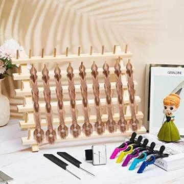 19 Pieces Braiding Stand with Hair Parting Rings, Sectioning Clips, Combs, and Magnetic Pin Wristband for Stylists (Wood)