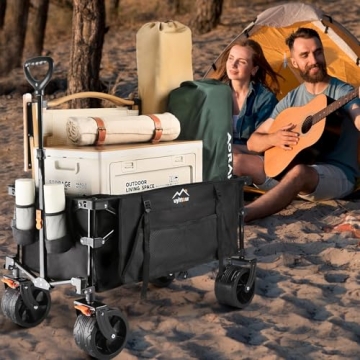Uyittour Collapsible Folding Wagon Cart Heavy Duty Foldable, Beach Wagon with Big Wheels for Sand, Utility Grocery Wagon with Side Pocket and Brakes for Camping Sports Outdoor Activities, Black