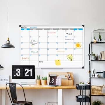XBoard Magnetic Calendar Whiteboard 48" x 36" - Monthly Calendar Dry Erase Board, White Board + Colo...