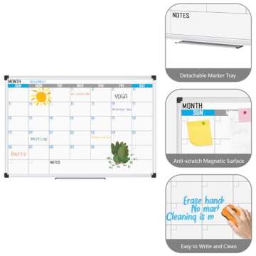 XBoard Magnetic Calendar Whiteboard 48" x 36" - Monthly Calendar Dry Erase Board, White Board + Colorful Calendar Board, Silver Aluminium Framed Monthly Planning Board