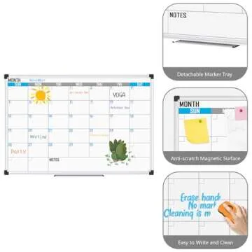 XBoard Magnetic Calendar Whiteboard 48" x 36" - Monthly Calendar Dry Erase Board, White Board + Colorful Calendar Board, Silver Aluminium Framed Monthly Planning Board