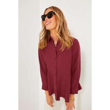 Cicy Bell Women's Long Sleeve Peplum Shirts Button Down Collared Casual Tops Tiered Hem Red Work Blo...