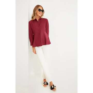 Cicy Bell Women's Long Sleeve Peplum Shirts Button Down Collared Casual Tops Tiered Hem Red Work Blouses for Women 2024