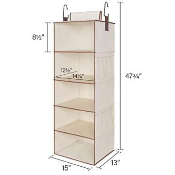 StorageWorks 5-Shelf Jumbo Hanging Closet Organizer, Hanging Shelves for Closet, Canvas, Ivory White, 13" D x 15" W x 47 ¾" H