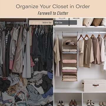 StorageWorks 5-Shelf Jumbo Hanging Closet Organizer, Hanging Shelves for Closet, Canvas, Ivory White, 13" D x 15" W x 47 ¾" H