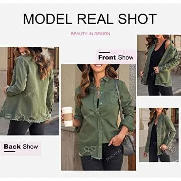 Dokotoo Jean Jacket Women Fashion Spring Summer Country Concert Outfits Casual Long Sleeve Denim Shirt Distressed Boyfriend Denim Jacket Shackets Western Jean Jacket Womens Clothing Green Jackets M