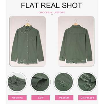 Dokotoo Jean Jacket Women Fashion Spring Summer Country Concert Outfits Casual Long Sleeve Denim Shirt Distressed Boyfriend Denim Jacket Shackets Western Jean Jacket Womens Clothing Green Jackets M