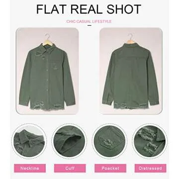 Dokotoo Jean Jacket Women Fashion Spring Summer Country Concert Outfits Casual Long Sleeve Denim Shirt Distressed Boyfriend Denim Jacket Shackets Western Jean Jacket Womens Clothing Green Jackets M