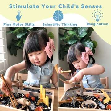 JUNGLE FEELS Sensory Bin Tools, 8 Piece Wooden Set of Montessori Toys for Toddlers, Advances Fine Motor Skills & Accelerates Early Learning, Bonus Burlap Bag!