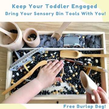 JUNGLE FEELS Sensory Bin Tools, 8 Piece Wooden Set of Montessori Toys for Toddlers, Advances Fine Motor Skills & Accelerates Early Learning, Bonus Burlap Bag!