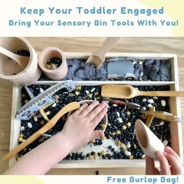 JUNGLE FEELS Sensory Bin Tools, 8 Piece Wooden Set of Montessori Toys for Toddlers, Advances Fine Motor Skills & Accelerates Early Learning, Bonus Burlap Bag!