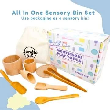 JUNGLE FEELS Sensory Bin Tools, 8 Piece Wooden Set of Montessori Toys for Toddlers, Advances Fine Motor Skills & Accelerates Early Learning, Bonus Burlap Bag!