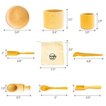 JUNGLE FEELS Sensory Bin Tools, 8 Piece Wooden Set of Montessori Toys for Toddlers, Advances Fine Motor Skills & Accelerates Early Learning, Bonus Burlap Bag!