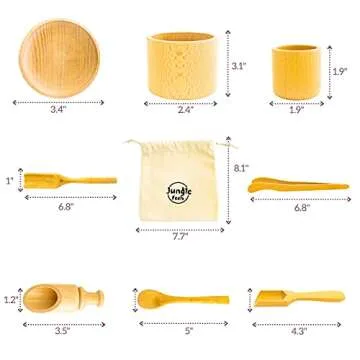 JUNGLE FEELS Sensory Bin Tools, 8 Piece Wooden Set of Montessori Toys for Toddlers, Advances Fine Motor Skills & Accelerates Early Learning, Bonus Burlap Bag!