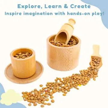 JUNGLE FEELS Sensory Bin Tools, 8 Piece Wooden Set of Montessori Toys for Toddlers, Advances Fine Motor Skills & Accelerates Early Learning, Bonus Burlap Bag!