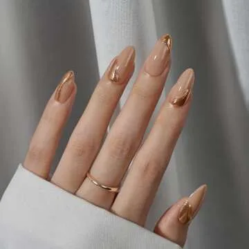 BTArtbox Press On Nails Almond - Glue On Nails Medium with 3D Sculpting Metallic Design, Supremely Fit & Glossy Fake Nails in 15 Sizes, Amber