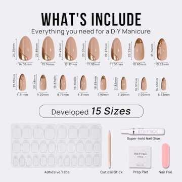 BTArtbox Press On Nails Almond - Glue On Nails Medium with 3D Sculpting Metallic Design, Supremely Fit & Glossy Fake Nails in 15 Sizes, Amber