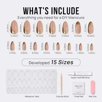 BTArtbox Press On Nails Almond - Glue On Nails Medium with 3D Sculpting Metallic Design, Supremely Fit & Glossy Fake Nails in 15 Sizes, Amber