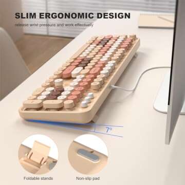 Atelus Computer Wired Keyboard, Plug Play USB Full-Size Keyboard with Large Number Pad, Caps Indicators, Foldable Stands, for Windows 7/8/10 PC Laptop (Milk Tea Colorful)