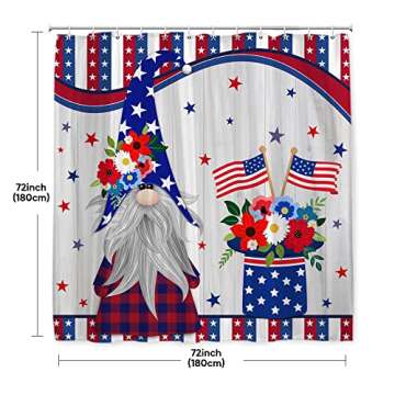 Onecmore Patriotic Gnomes Shower Curtain Veterans Day American Flag Red Blue Stars Independence Day Celebration President's Day Floral Wooded Polyester Fabric Home Bath Decor Bathtub Sets 72"x72"