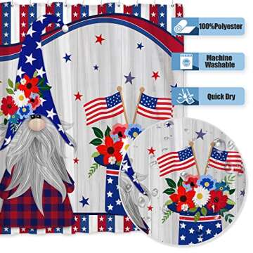 Onecmore Patriotic Gnomes Shower Curtain Veterans Day American Flag Red Blue Stars Independence Day Celebration President's Day Floral Wooded Polyester Fabric Home Bath Decor Bathtub Sets 72"x72"