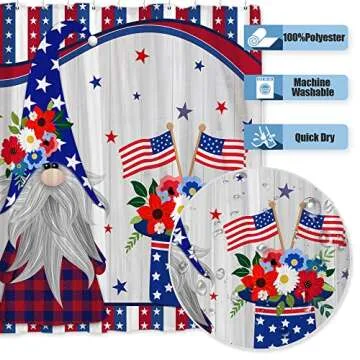 Onecmore Patriotic Gnomes Shower Curtain Veterans Day American Flag Red Blue Stars Independence Day Celebration President's Day Floral Wooded Polyester Fabric Home Bath Decor Bathtub Sets 72"x72"