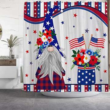 Onecmore Patriotic Gnomes Shower Curtain Veterans Day American Flag Red Blue Stars Independence Day Celebration President's Day Floral Wooded Polyester Fabric Home Bath Decor Bathtub Sets 72"x72"