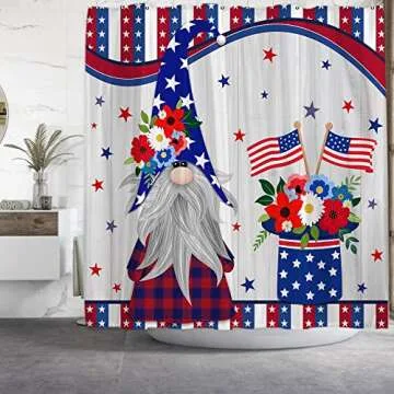 Onecmore Patriotic Gnomes Shower Curtain Veterans Day American Flag Red Blue Stars Independence Day Celebration President's Day Floral Wooded Polyester Fabric Home Bath Decor Bathtub Sets 72"x72"