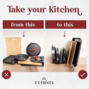 Cuisinel Lid and Dish Organizer Rack - Satin Nickel Silver Kitchen Storage Organization Stand - Plate Holder, Pan/Pot Covers, Cutting Board and Cookie Sheet Divider - 7-Tier Cabinet/Counter Display