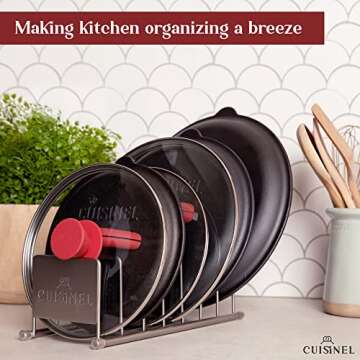 Cuisinel Lid and Dish Organizer Rack - Satin Nickel Silver Kitchen Storage Organization Stand - Plate Holder, Pan/Pot Covers, Cutting Board and Cookie Sheet Divider - 7-Tier Cabinet/Counter Display