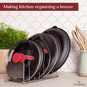Cuisinel Lid and Dish Organizer Rack - Satin Nickel Silver Kitchen Storage Organization Stand - Plate Holder, Pan/Pot Covers, Cutting Board and Cookie Sheet Divider - 7-Tier Cabinet/Counter Display